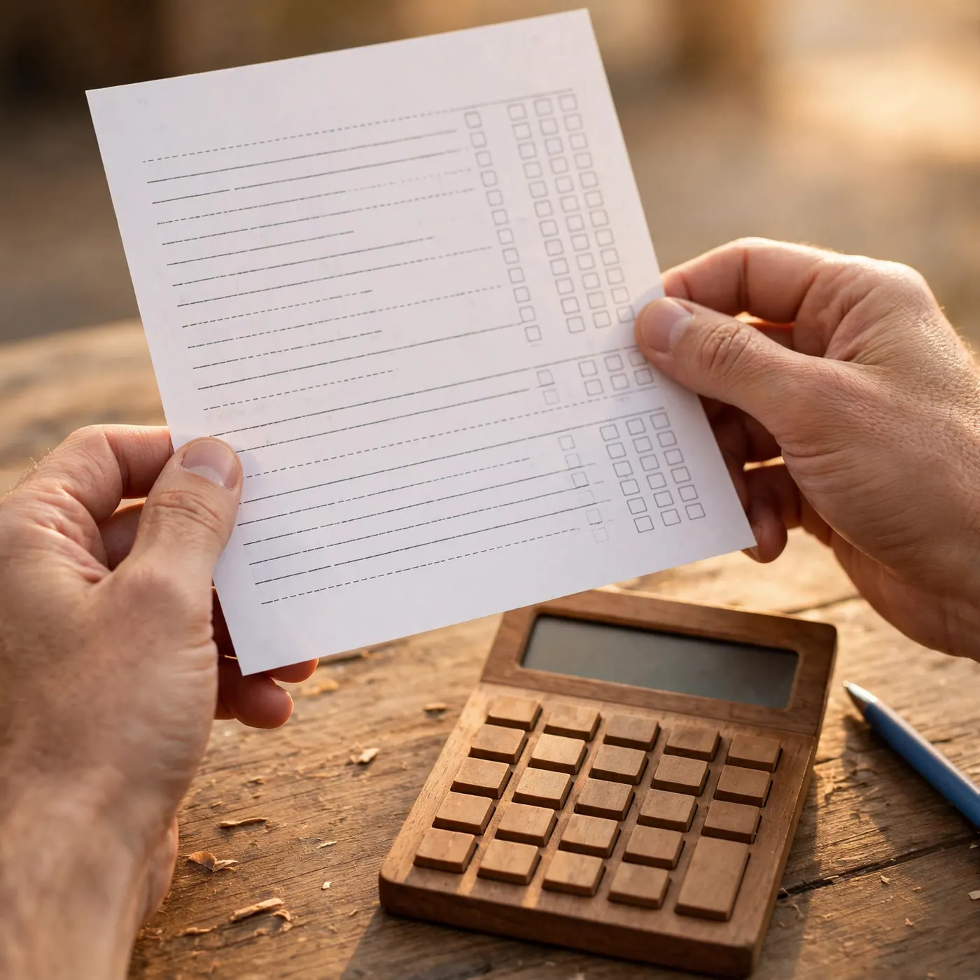 Manos sosteniendo un desprendible de nómina junto a una calculadora de madera y un bolígrafo