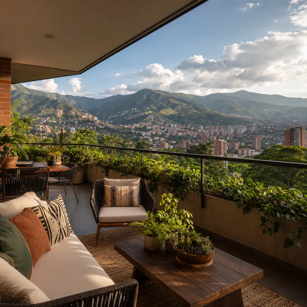 View from a furnished apartment balcony in Medellín overlooking the Aburrá valley and mountains