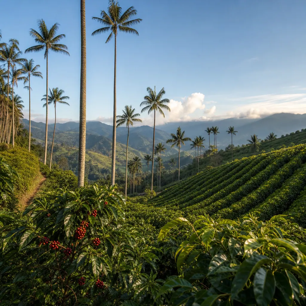 Coffee farms and wax palm trees in the Quindío region near Armenia, Colombia