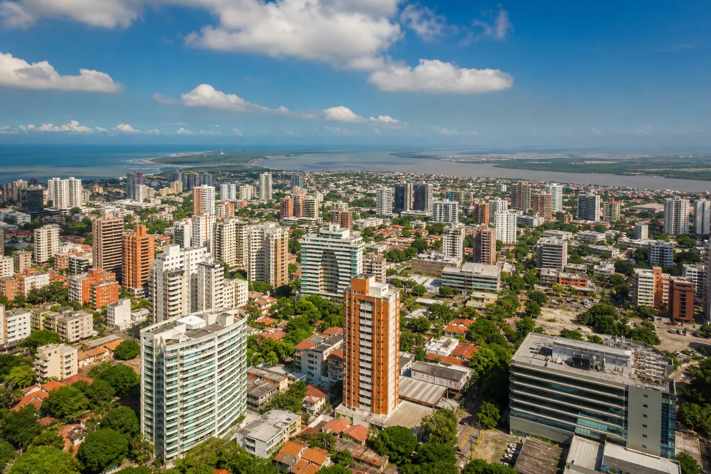 Aerial view of Barranquilla Colombia — the Caribbean coastal city at the mouth of the Magdalena River