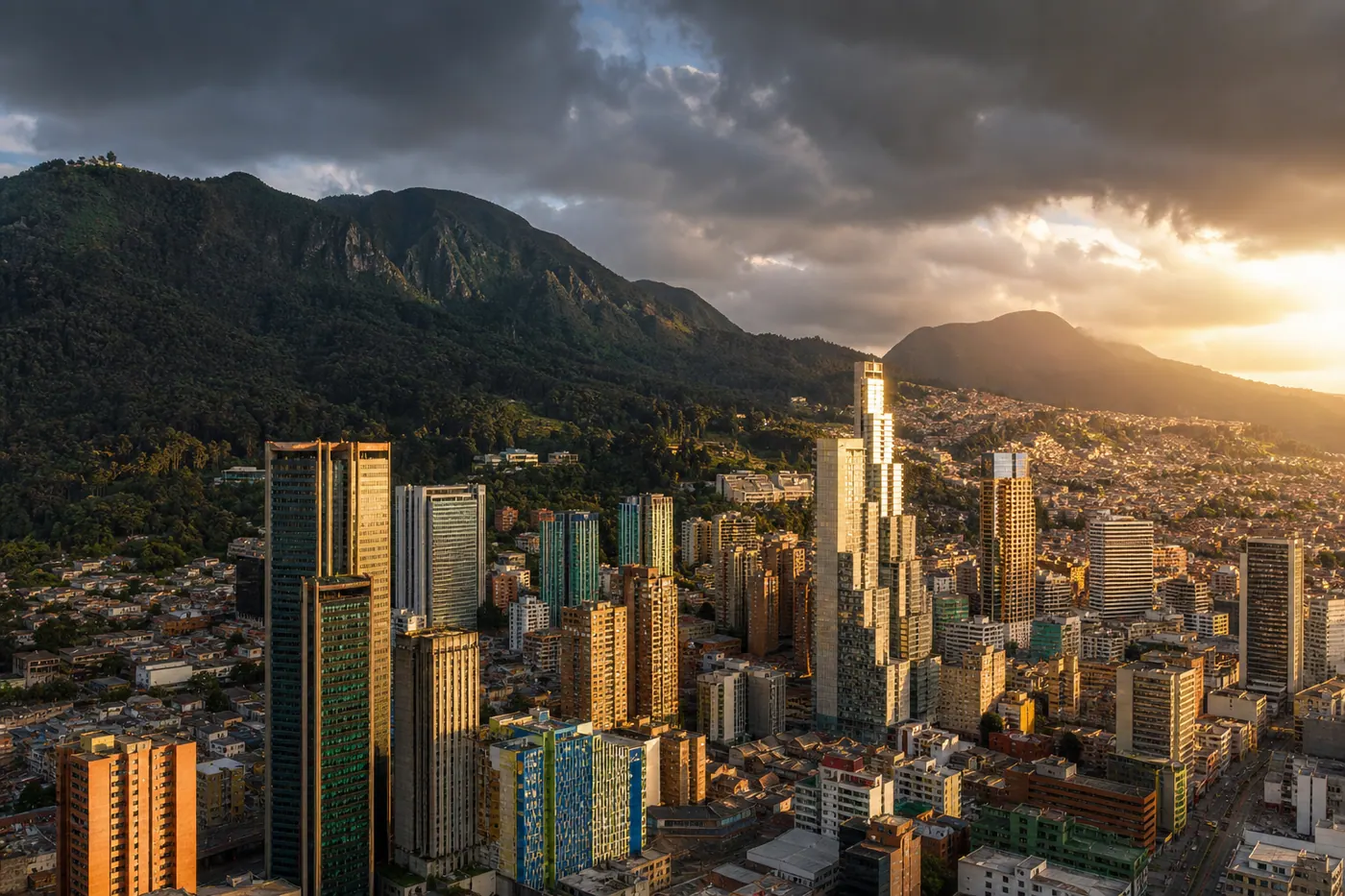 Aerial view of Bogotá Colombia skyline with the Andes mountains in the background