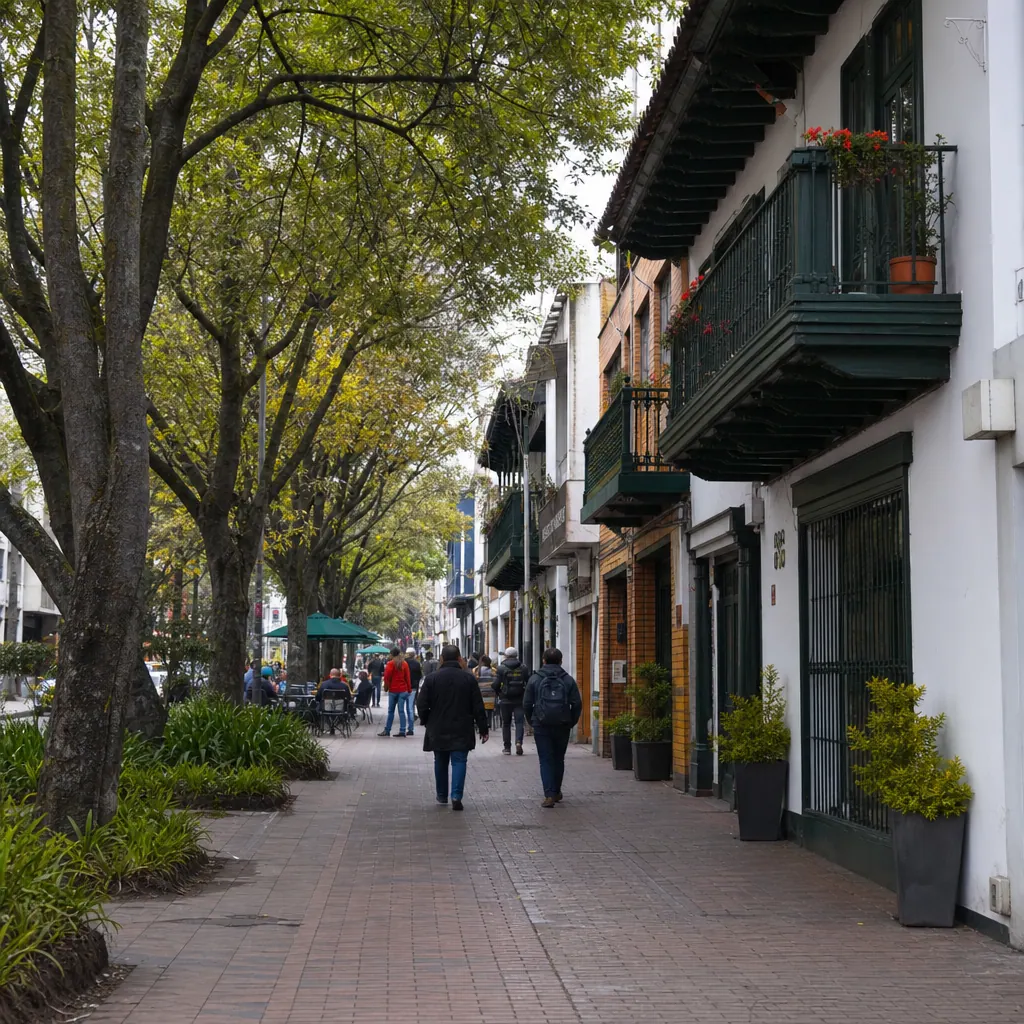 Tree-lined street in a northern Bogotá neighborhood — cafés and colonial-style buildings on a cool overcast day