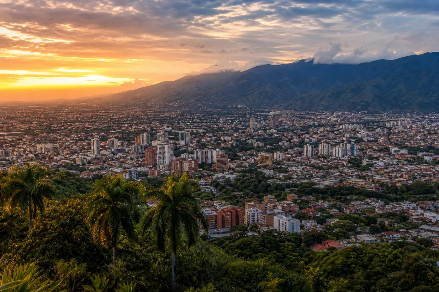 Aerial view of Cali Colombia at sunset with the Farallones mountains in the background