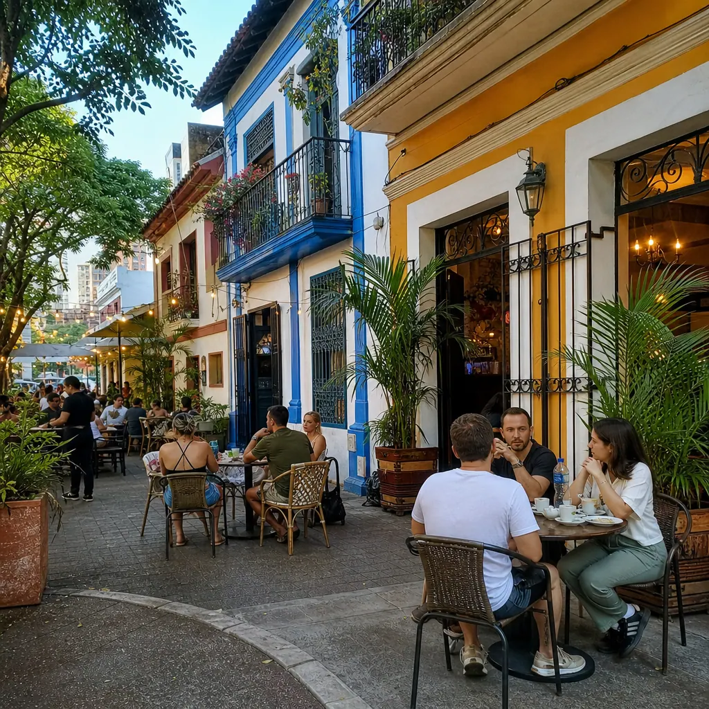 Café-lined street in Granada neighborhood, Cali Colombia, with colorful facades and outdoor seating
