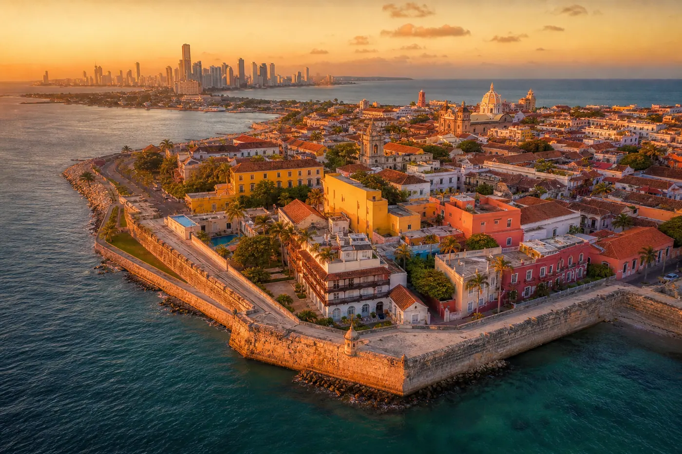 Aerial view of Cartagena de Indias historic walled city and Caribbean coast at golden hour