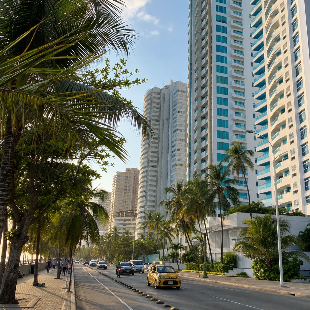 Bocagrande neighborhood in Cartagena with modern high-rise apartments and palm-lined boulevard