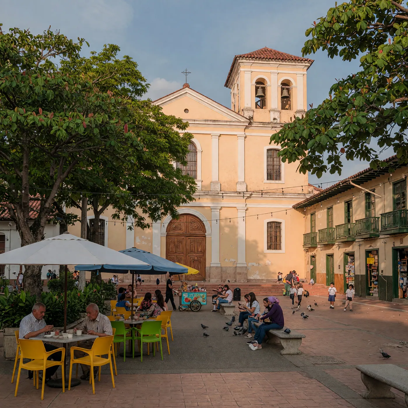 Illustration of Envigado's historic center near Parque Principal Marceliano Vélez and Santa Gertrudis church