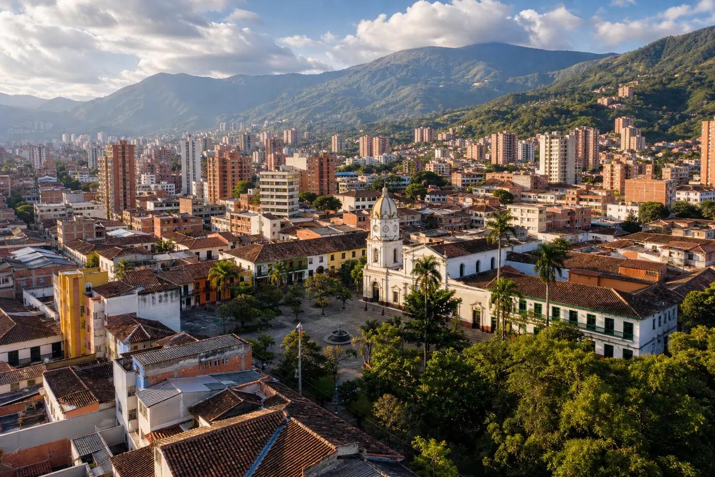Aerial view of Envigado municipality in the Aburrá Valley, Colombia, with colorful buildings and mountain backdrop