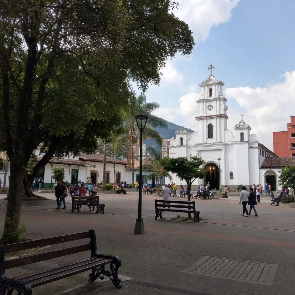 Envigado's main plaza (Parque de Envigado) with traditional Colombian church and local residents