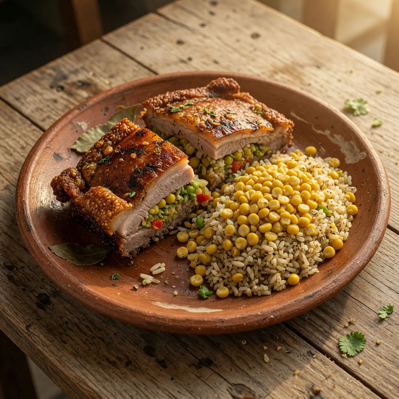 A traditional plate of Tolimense lechona served in a clay dish on a rustic wooden table