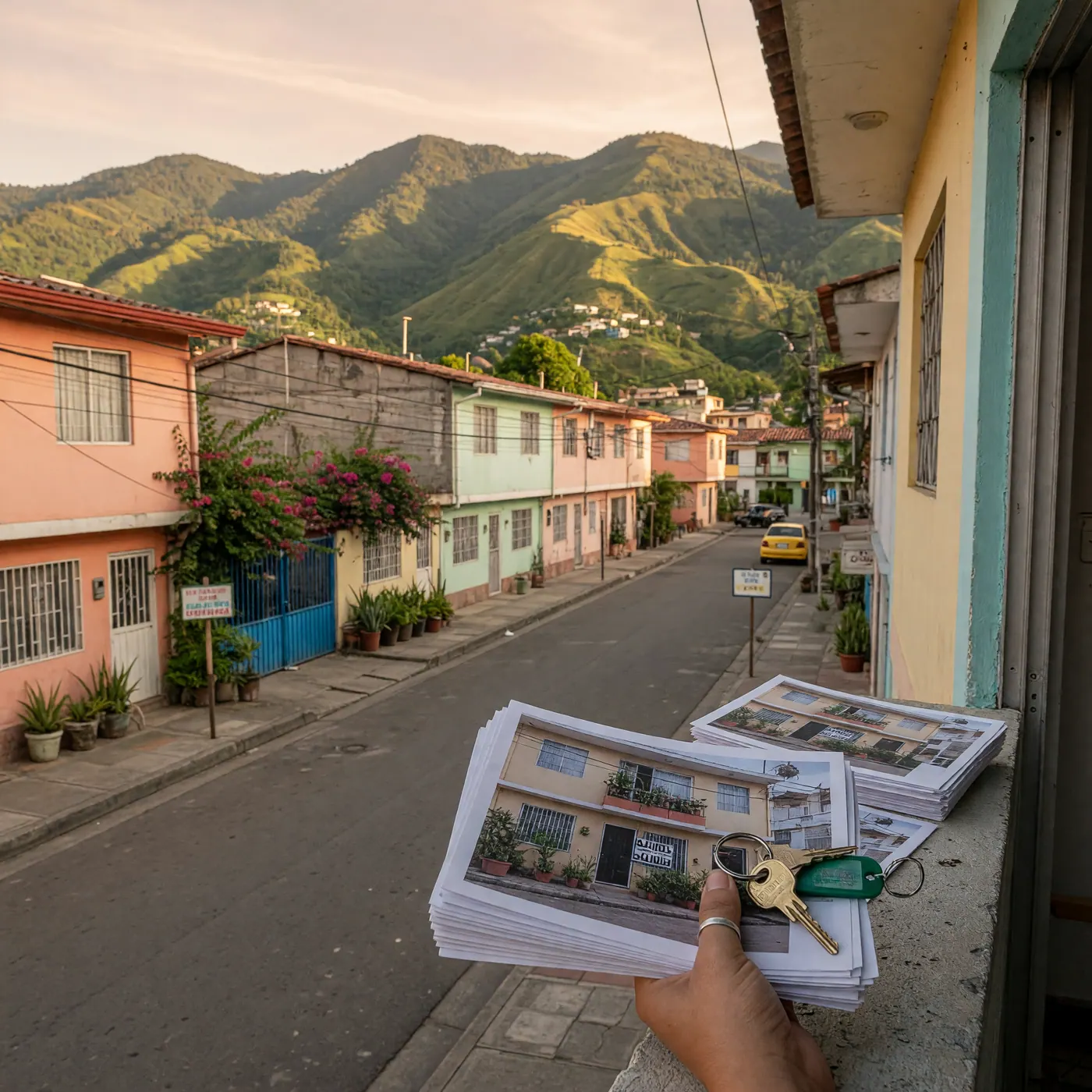 Quiet residential street in Ibagué, Colombia, with low-rise homes and green Andean mountains rising in the background