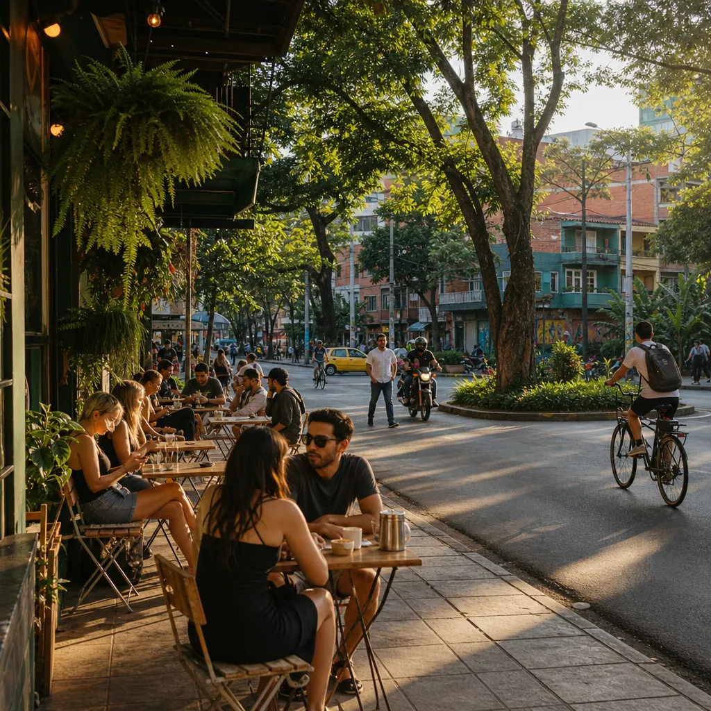 Street café in Laureles, Medellín — locals and expats at sidewalk tables on a tree-lined Circular street