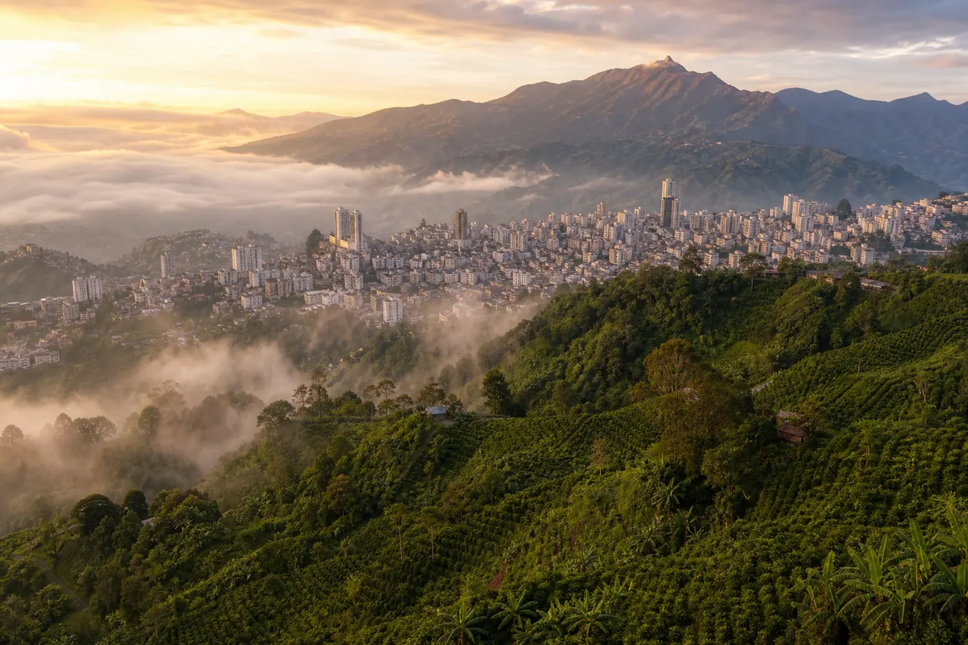 Aerial view of Manizales, Colombia, nestled in the Andes mountains with coffee farms on the slopes
