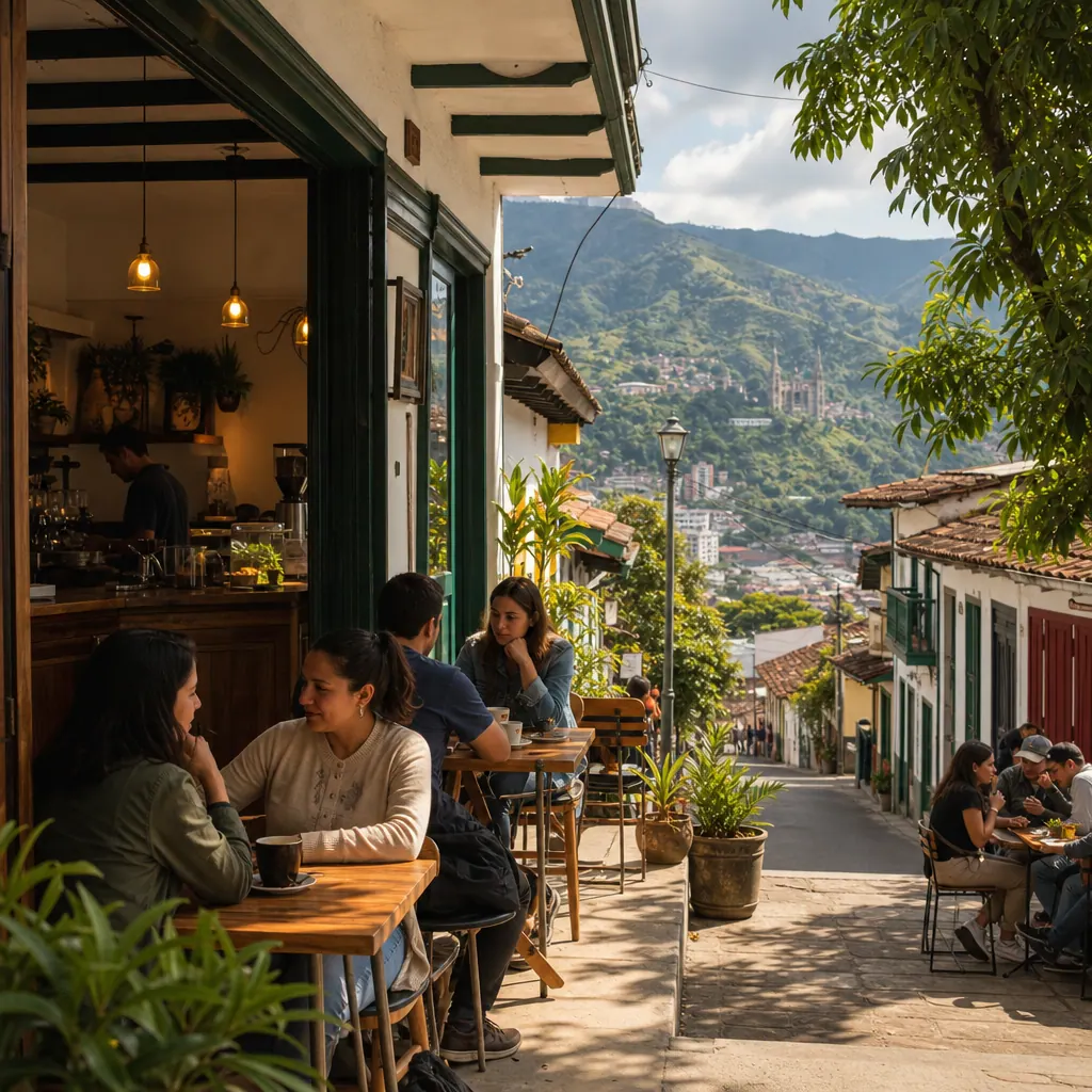 Coffee shop with outdoor seating in Manizales El Cable neighborhood, Andean hills in the background