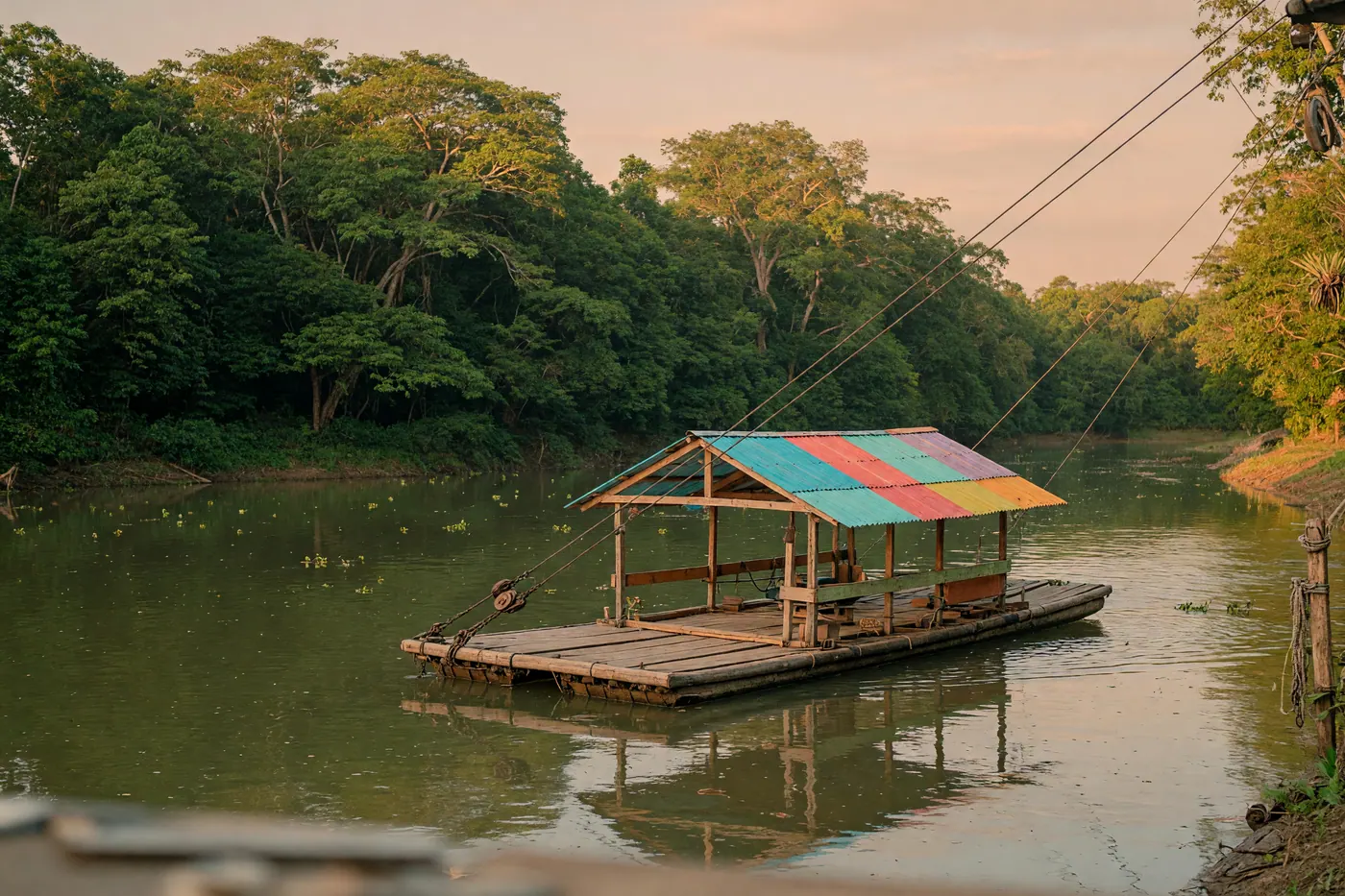A traditional wooden planchón ferry crossing the Sinú River in Montería, Colombia, with the lush green trees of the Ronda del Sinú park in the background at sunset.
