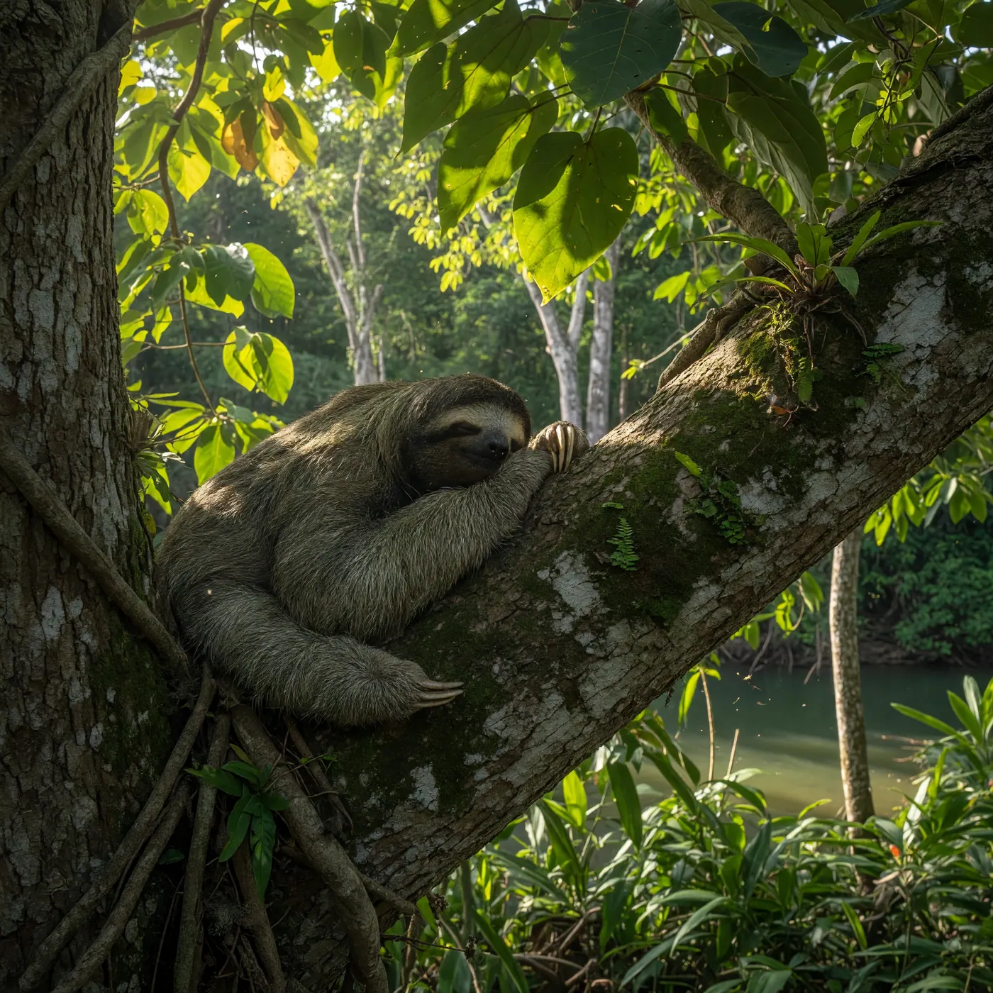 A wild sloth resting on a tree branch in the Ronda del Sinú linear park in Montería, Colombia.