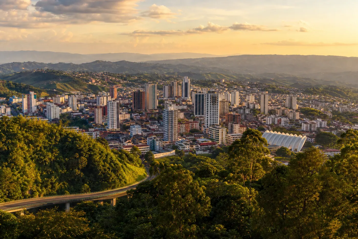 Aerial view of Pereira, Colombia — lush Andean hills and coffee region landscape