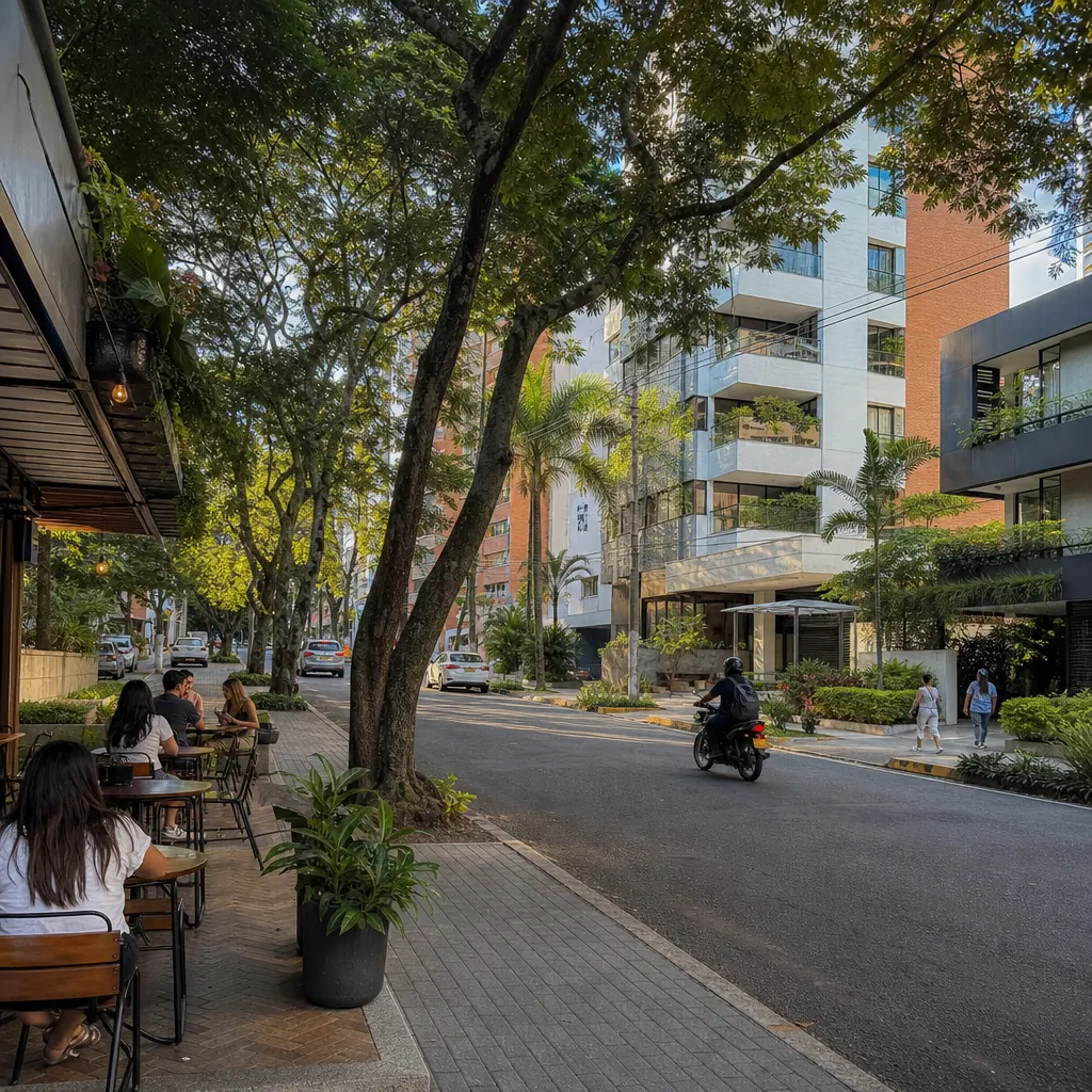 Tree-lined boulevard in Pinares neighborhood, Pereira Colombia — modern apartments and coffee shops