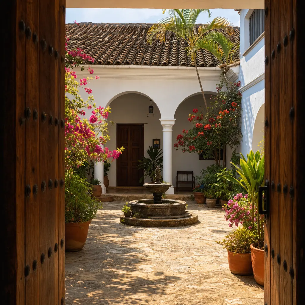Colonial courtyard in Popayán, Colombia — whitewashed walls and flowering plants in a traditional patio