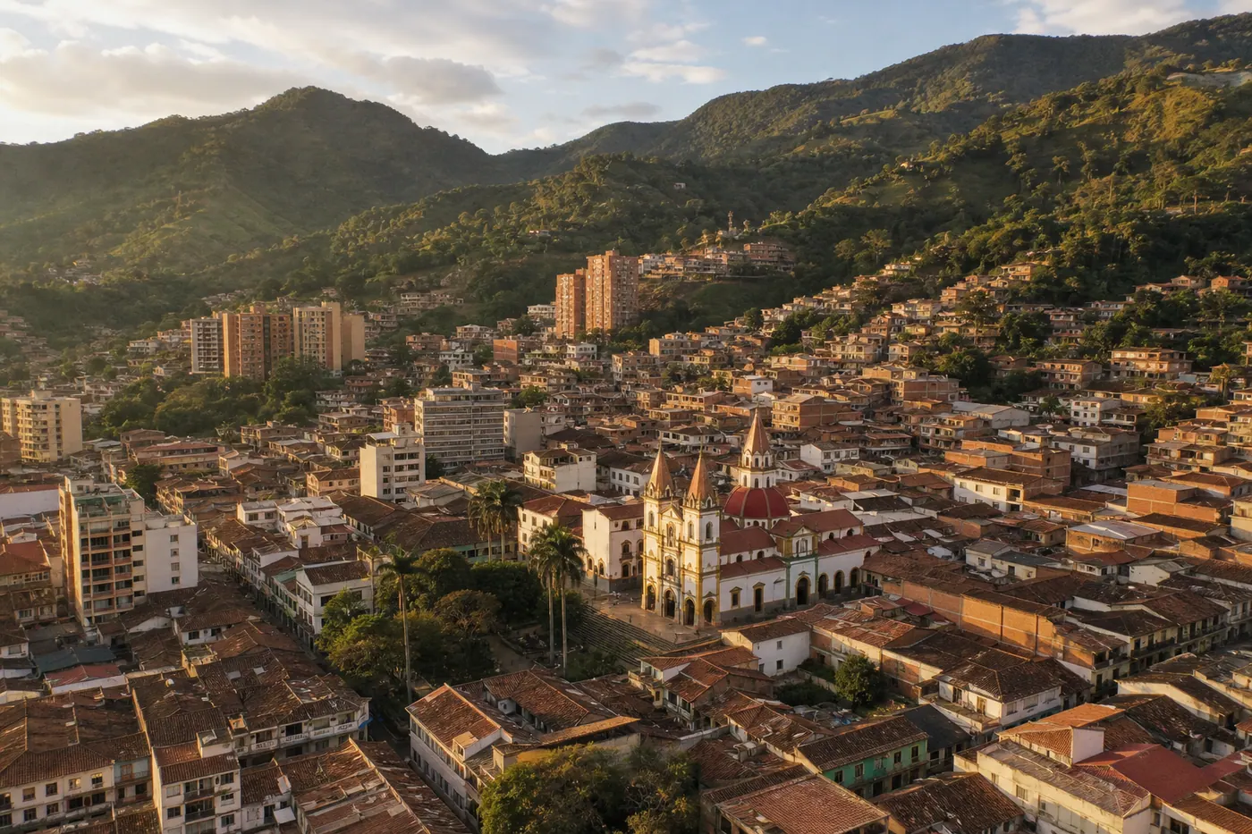 Aerial view of Sabaneta municipality in the Aburrá Valley — terracotta rooftops, church spire, green hillside backdrop