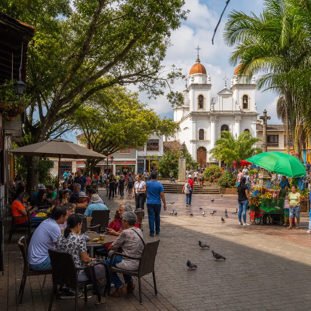 Sabaneta's main plaza on a weekday morning — locals at outdoor cafes, traditional Colombian architecture