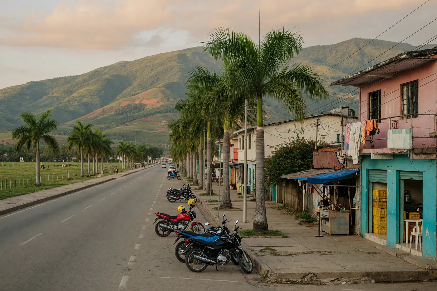 Villavicencio avenue with palm trees, parked motorcycles, and green foothills of the Eastern Andes in the background