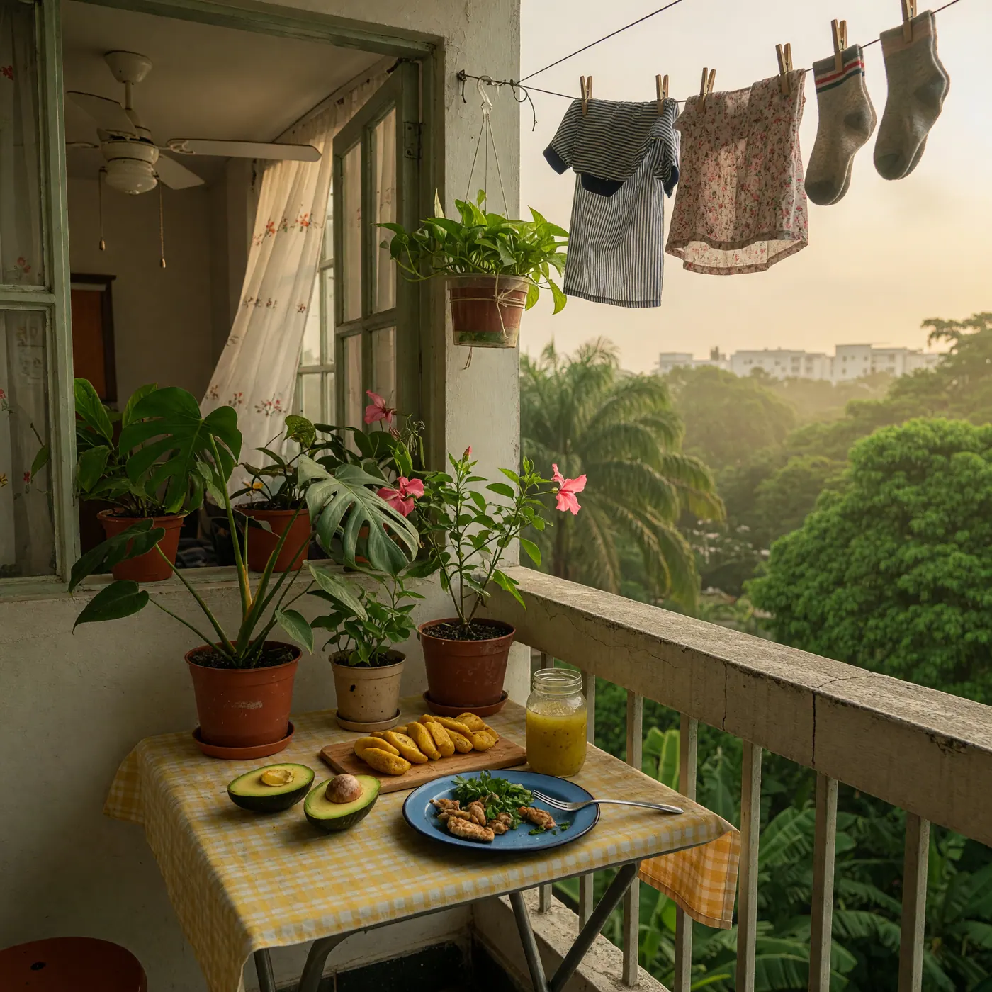 Apartment balcony with potted plants, laundry drying on a line, and tropical greenery beyond the railing