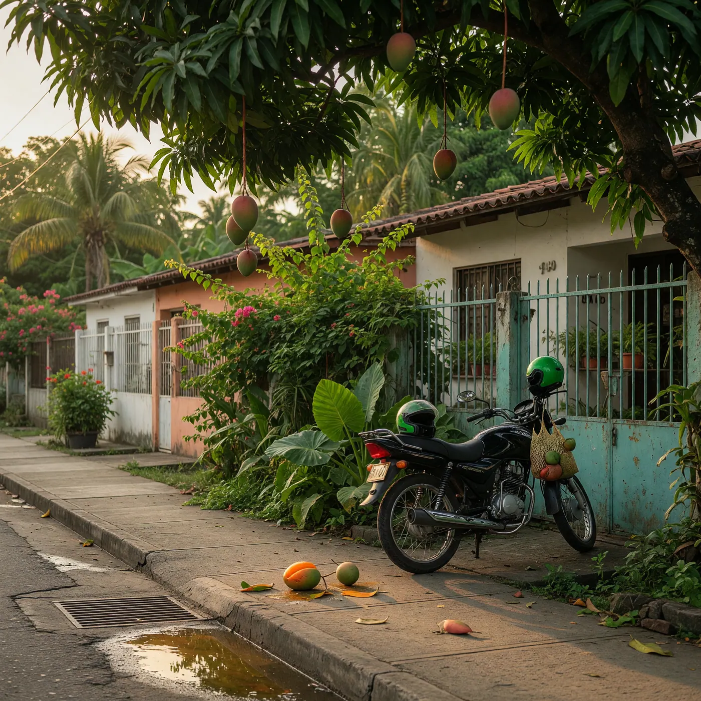 Shaded residential street with tropical trees, simple houses with gates, and a parked motorcycle