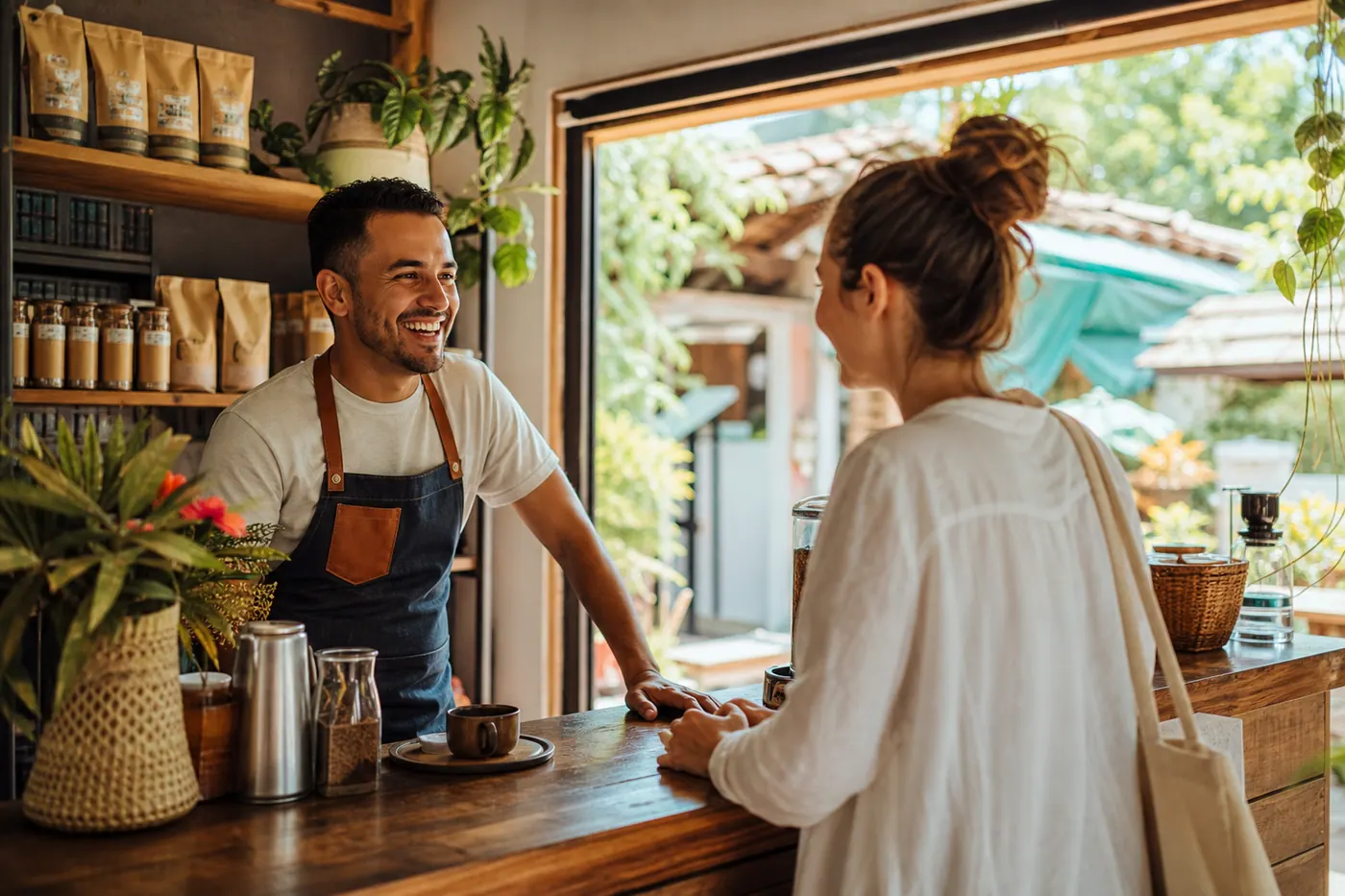 Local Colombian business owner chatting with a foreign customer in a warm, sunlit coffee shop