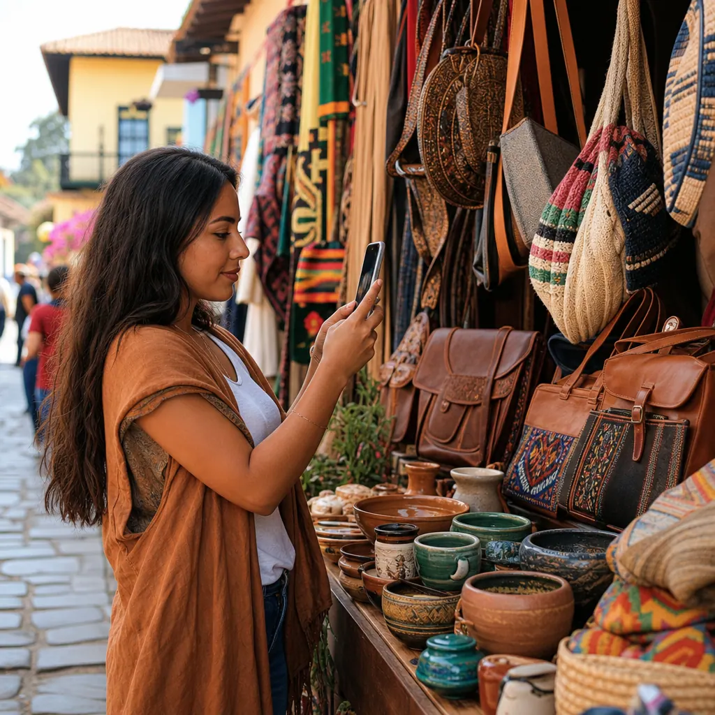 Colombian artisan photographing handmade products at a market stall for online listing
