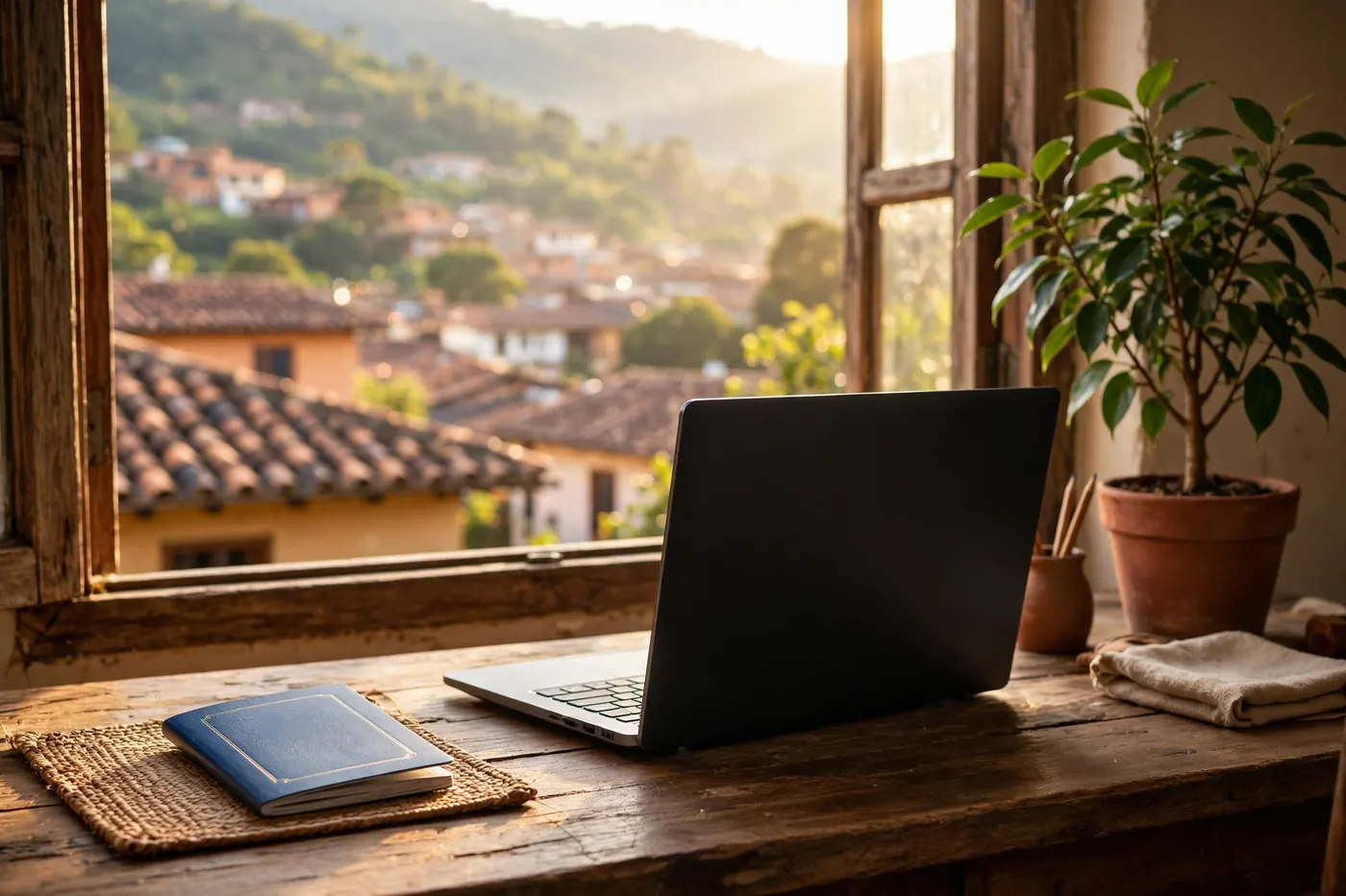 Blue passport booklet and a laptop on a wooden desk beside a sunlit window and a potted plant