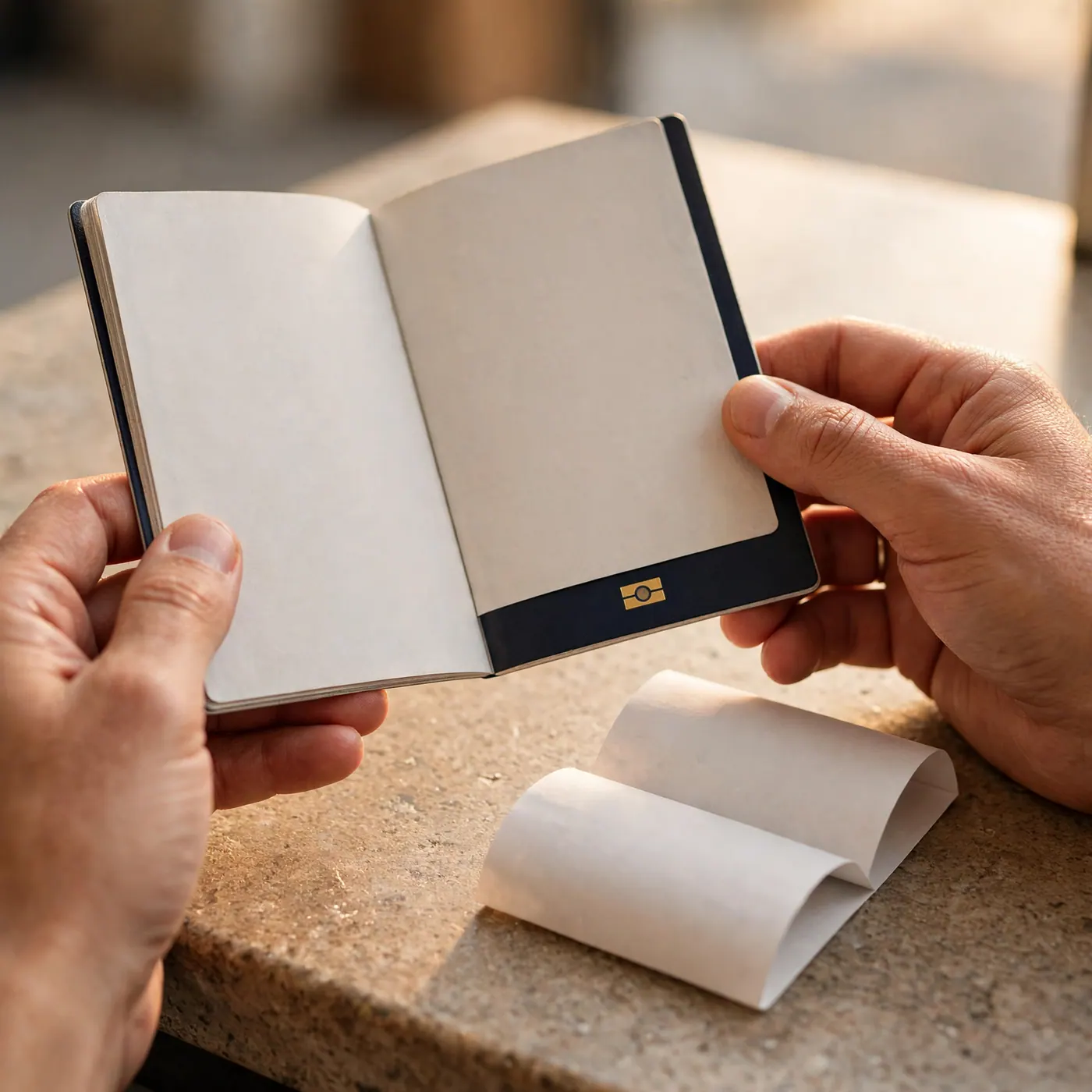 Hands holding an open passport next to a folded paper slip on a stone counter