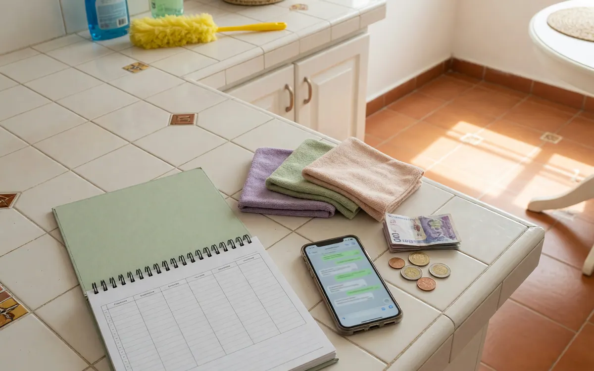 Cleaning service pay planning with supplies in a Colombian apartment