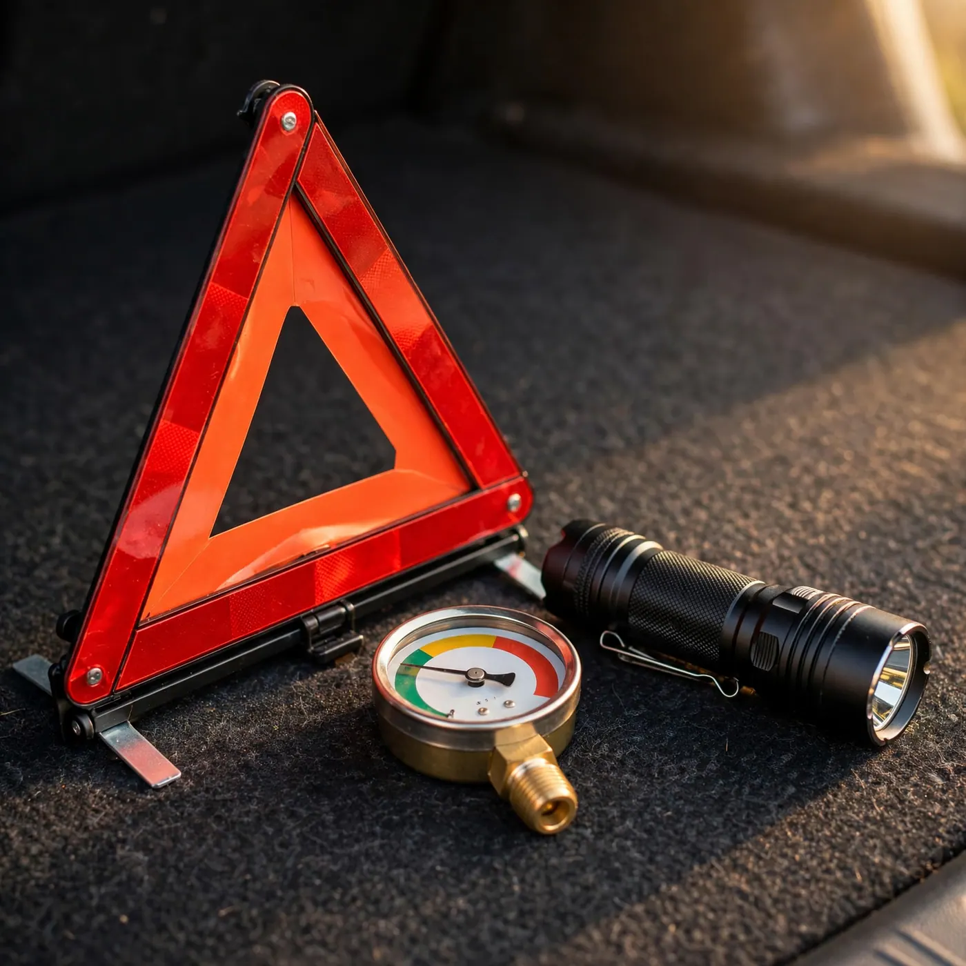 Reflective warning triangle standing on its supports beside a fire extinguisher gauge and a flashlight on trunk carpet