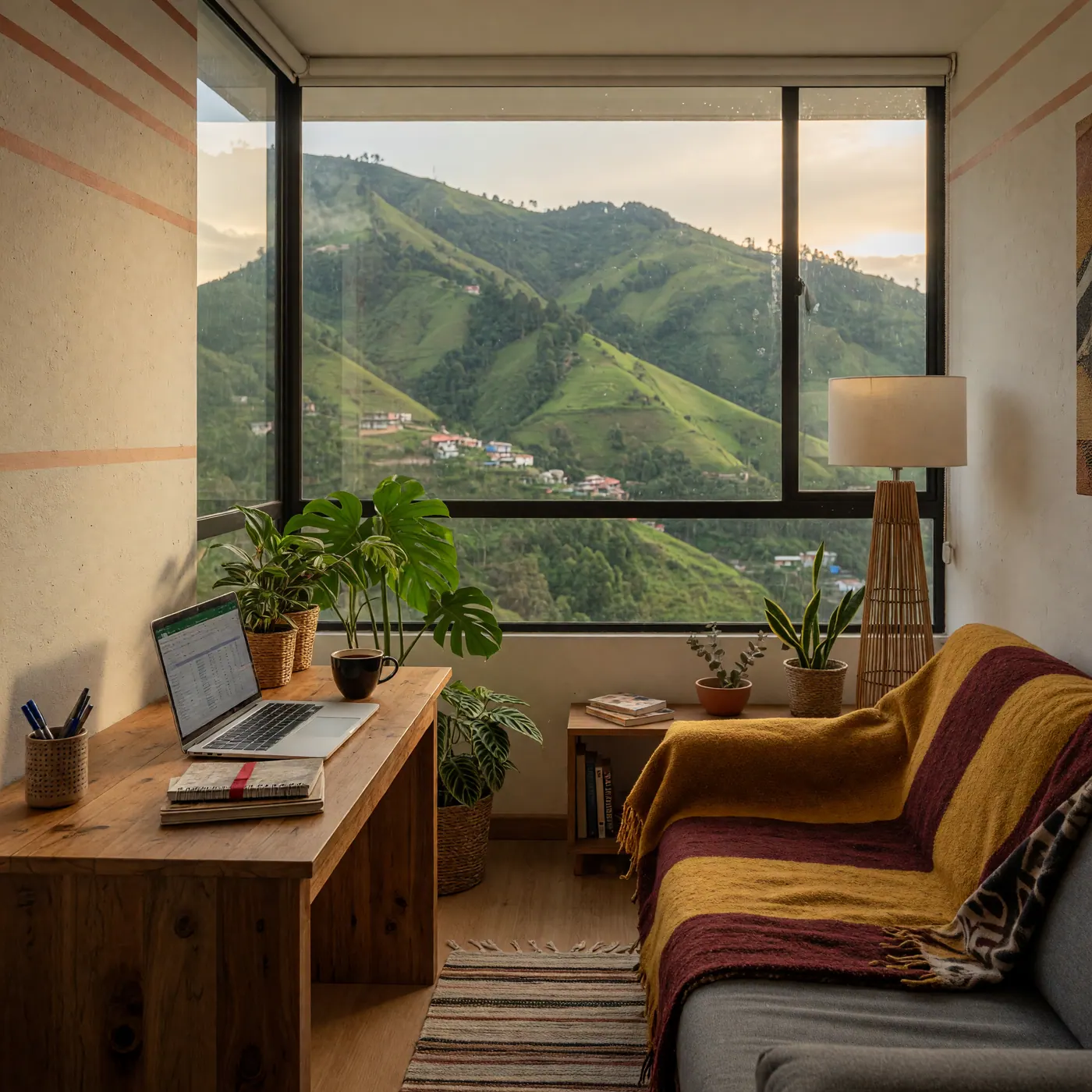 Furnished living room and wooden desk facing a large window with green hillside views