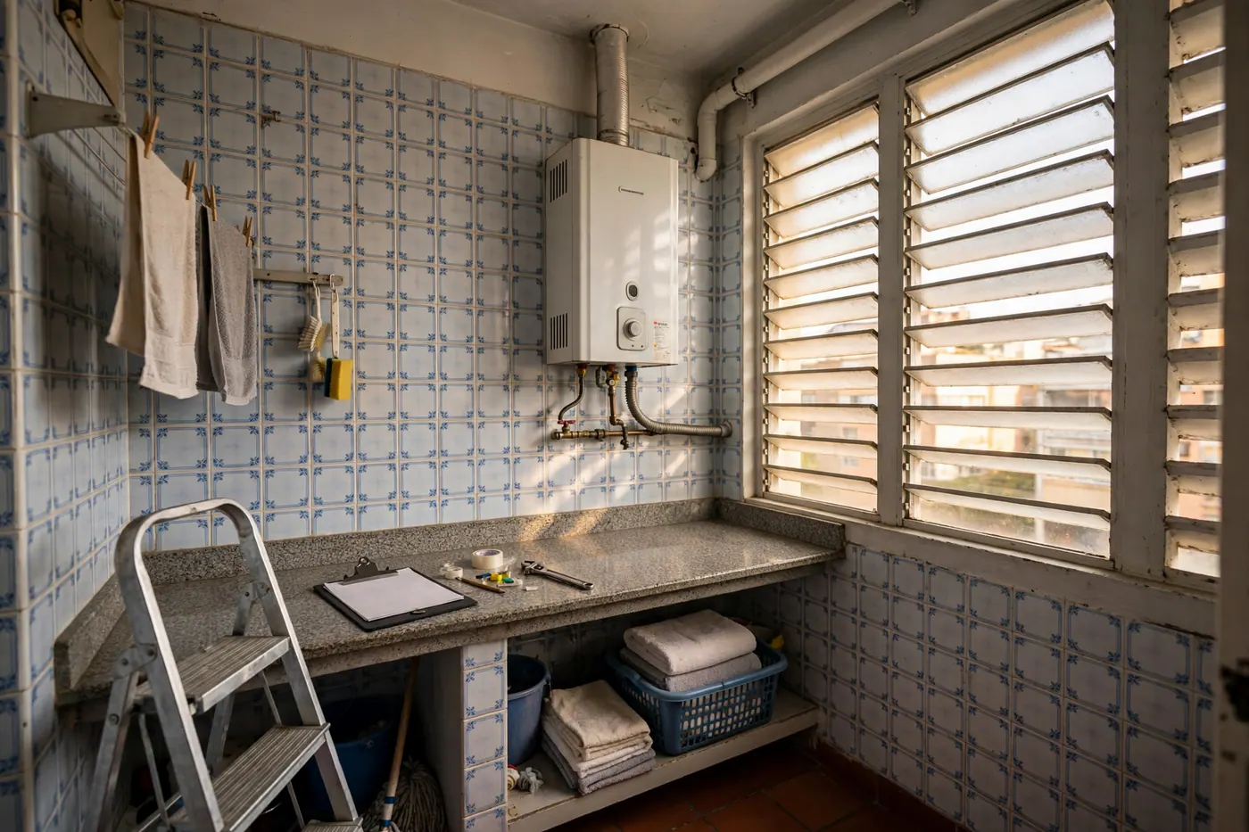 Calentador de paso a gas instalado en zona de ropas de apartamento en Colombia con ventilación reglamentaria