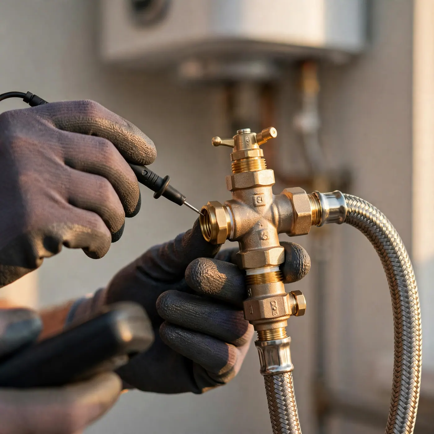 Inspección técnica de conexiones y válvulas de calentador de gas residencial