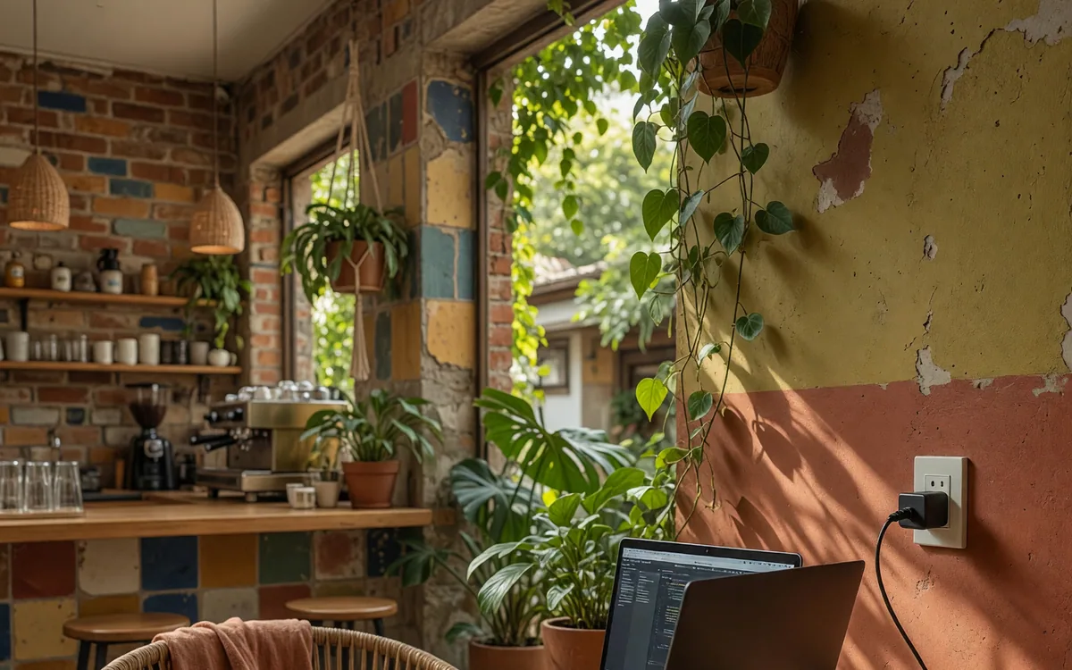 Focused remote work setup in a leafy Medellin cafe with laptop coffee charger and wall outlet