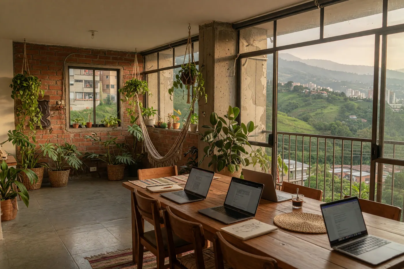 Sunlit shared coliving room with wooden communal table, laptops, tropical plants, and a balcony view of Medellín hills