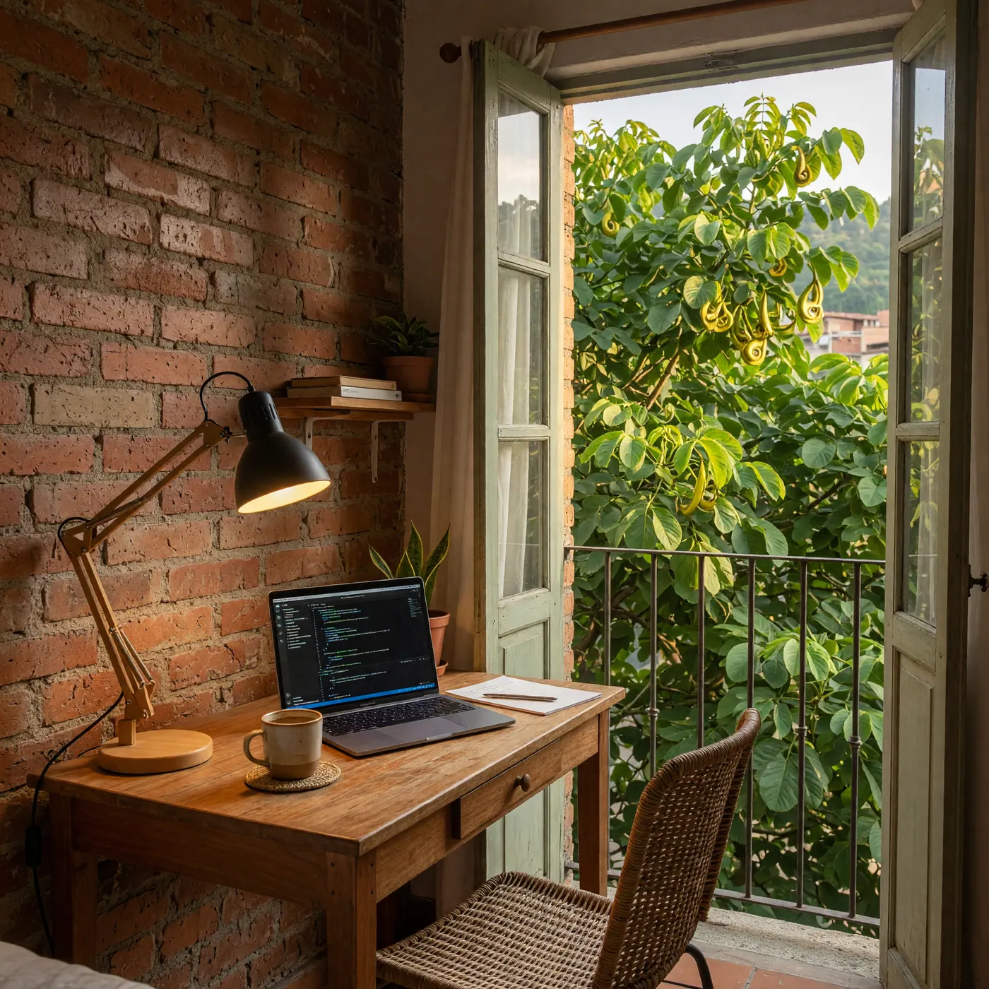 Wooden bedroom desk with laptop, coffee, exposed brick wall, and open balcony doors facing green foliage