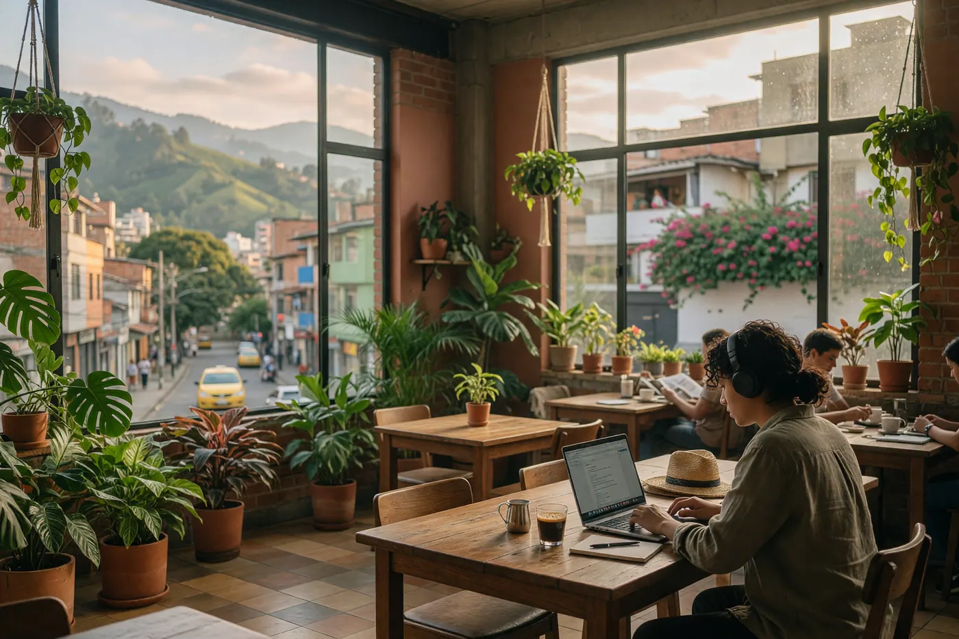 A digital nomad working on a laptop in a sunlit, plant-filled café in Medellín, Colombia