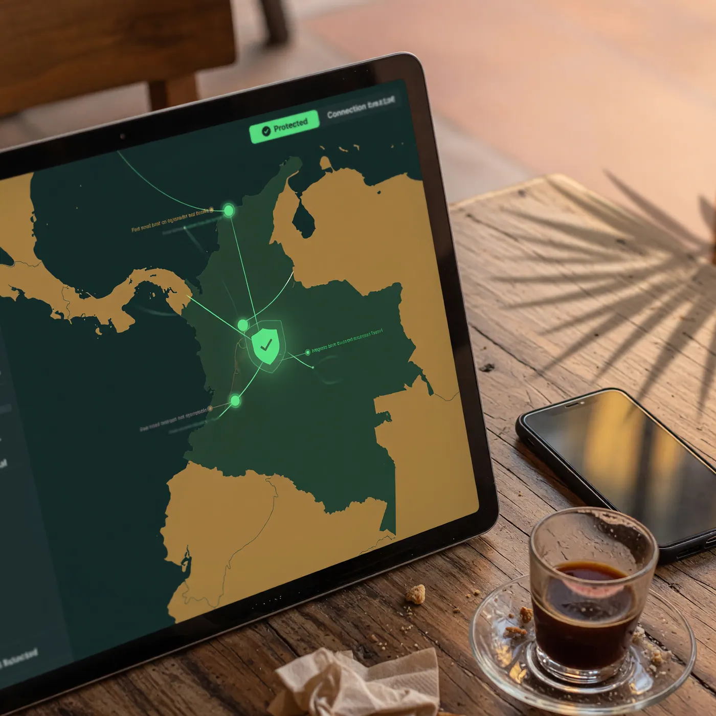 A laptop screen displaying a secure VPN connection with a map of Colombia on a rustic wooden cafe table in Medellín