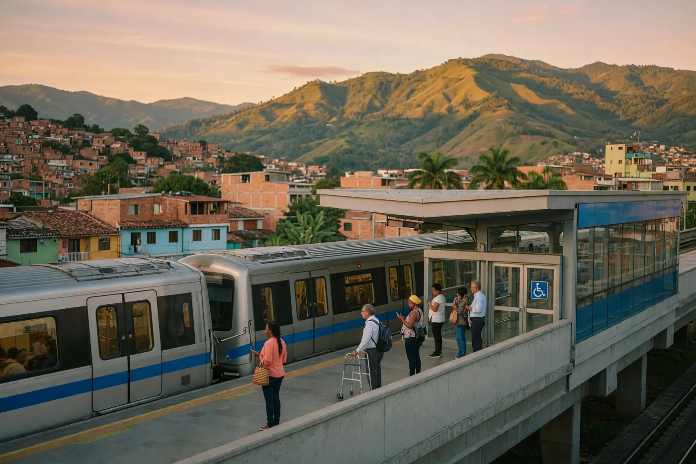 Modern accessible Metro station in Medellín with mountains in the background