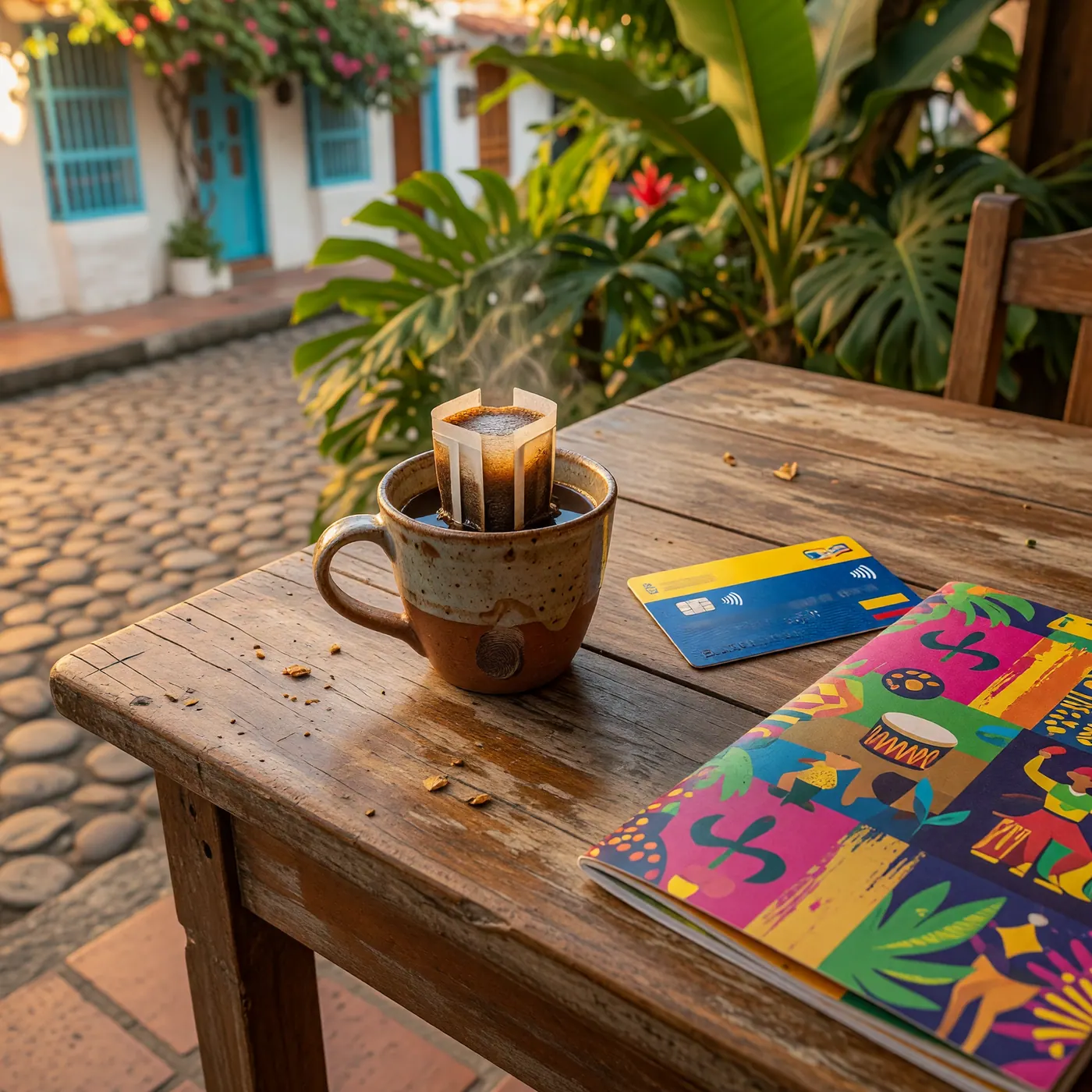 A cup of coffee, a blue and yellow contactless transit card, and a colorful cultural booklet on a café table in El Poblado, Medellín