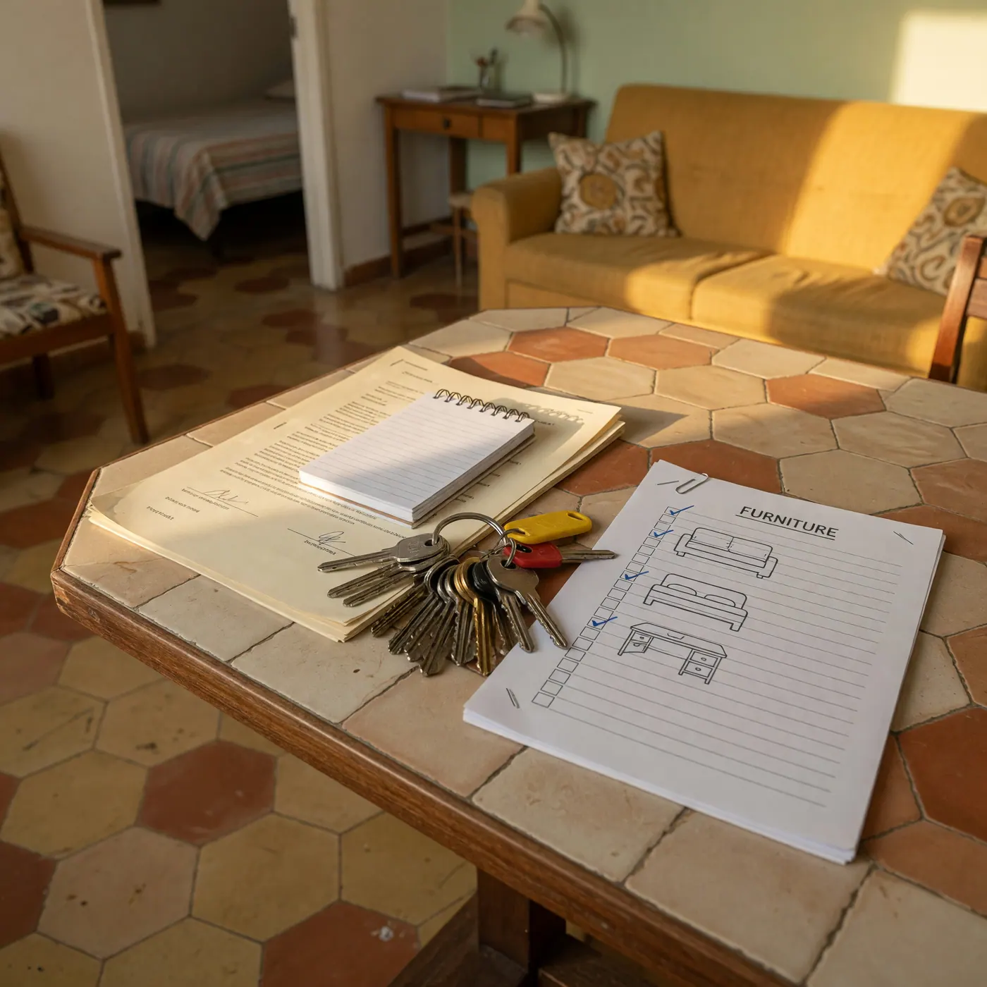 Paper contract, key ring, and furniture checklist on a tiled table in a furnished living room