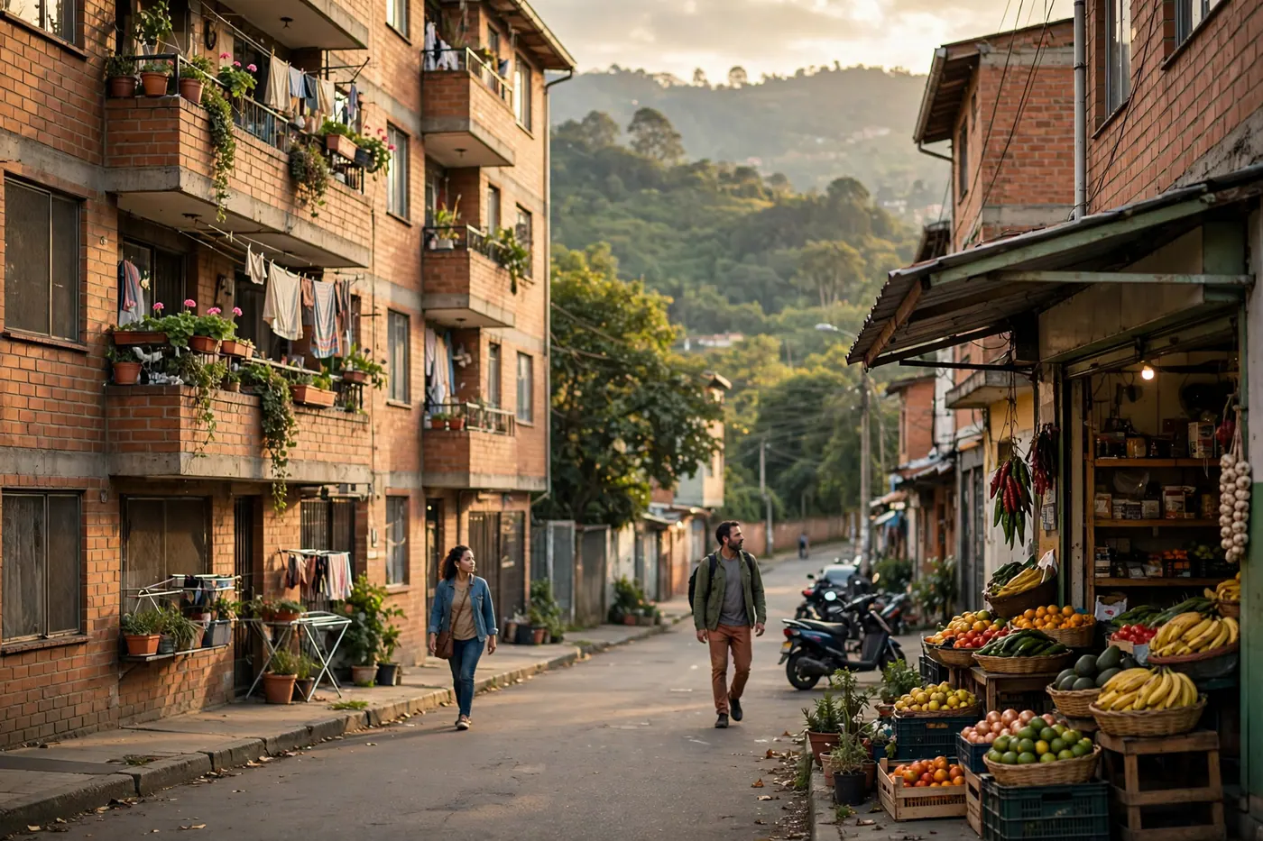 Late-afternoon residential street with brick apartment buildings, balconies with plants, a corner shop and a green hillside
