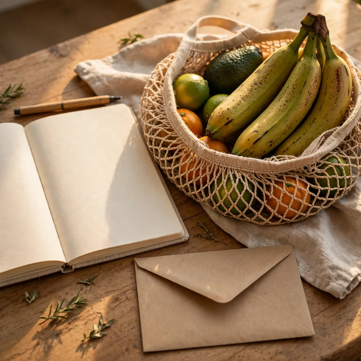 Kitchen table with a notebook, pen, fruit, plantain and a closed utility envelope, set up to compare two cities