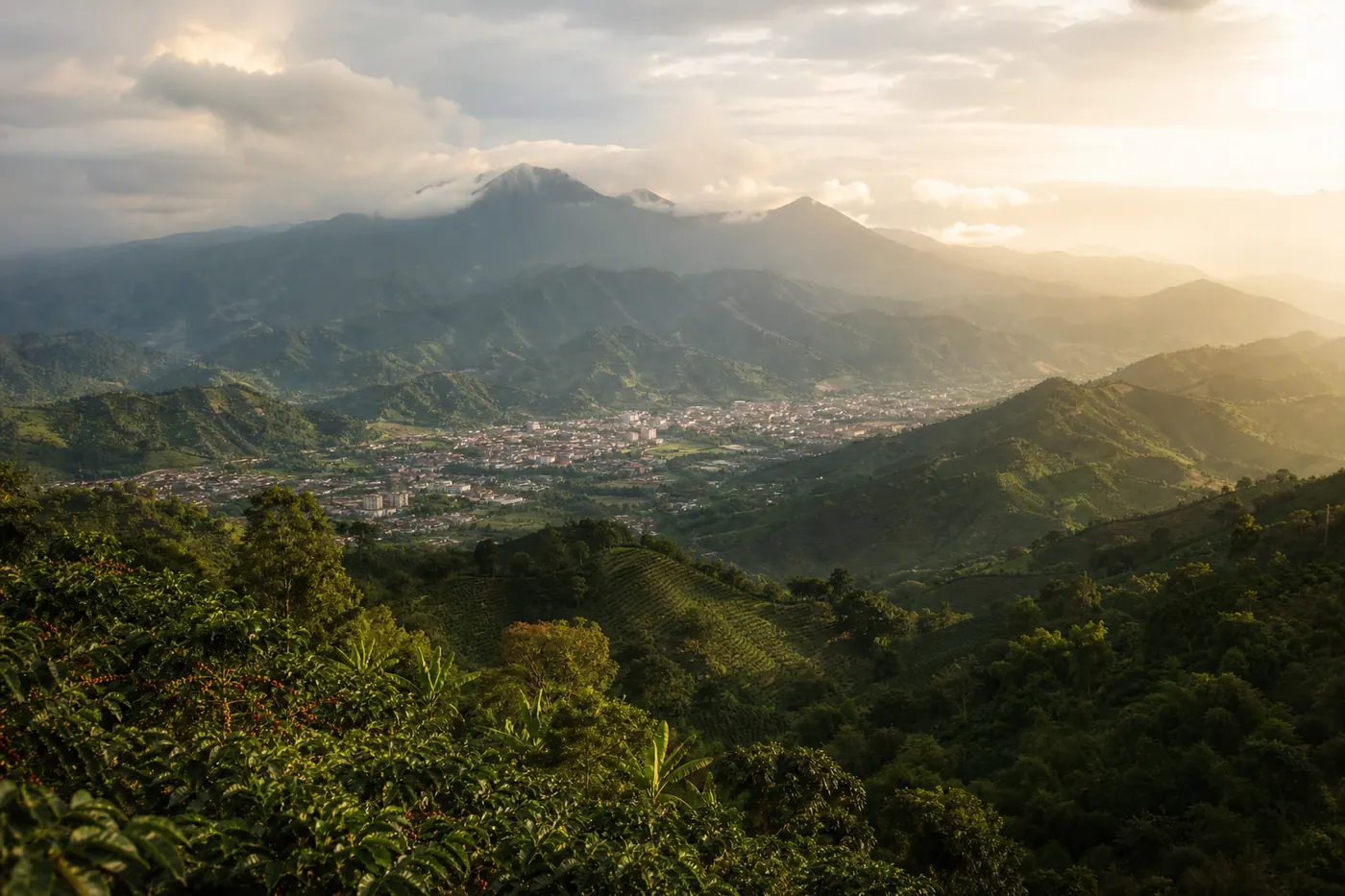 Vista aérea del Eje Cafetero colombiano con montañas verdes y ciudad en el valle
