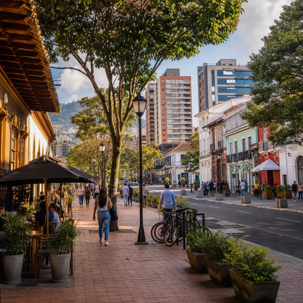 Calle de una ciudad colombiana de tamaño mediano con edificios, árboles y peatones