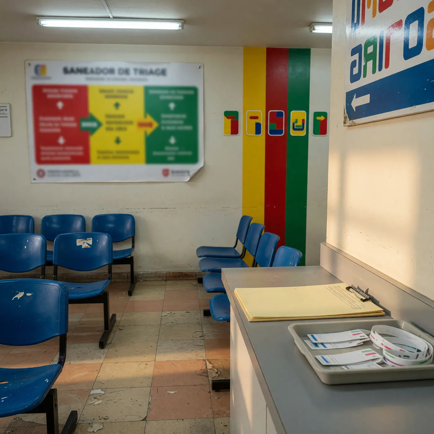 Empty blue plastic waiting chairs, clipboard, and wristband tray in a hospital triage area